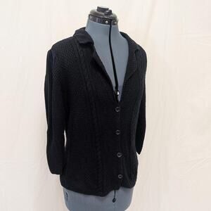 Heather B 100% cotton black textured knit button‑up cardigan, size L